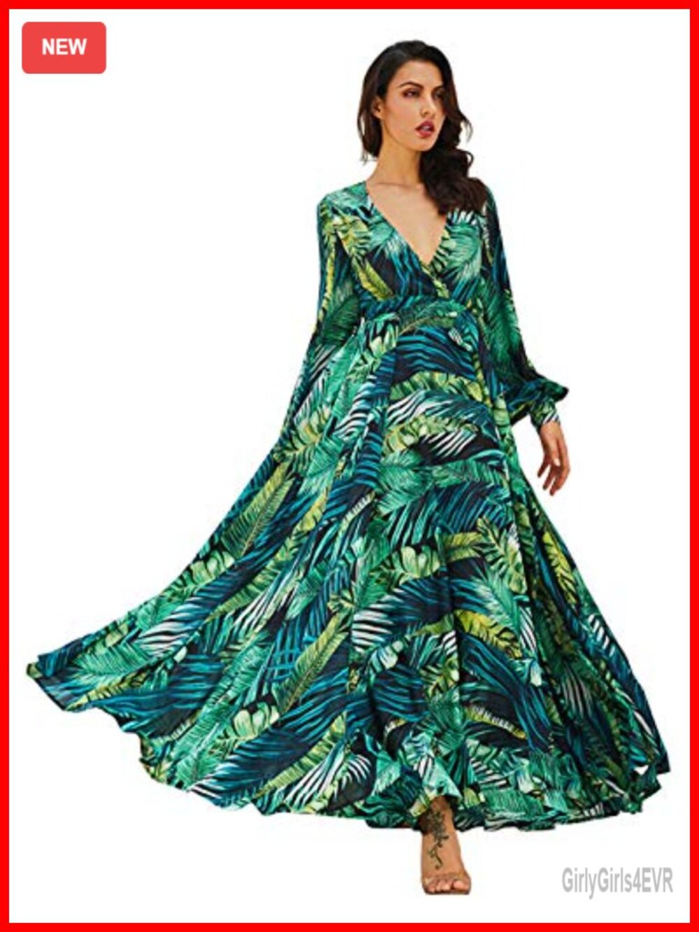 R.Vivimos Chiffon Maxi Dress V Neck Long Sleeve Tie Waist Boho